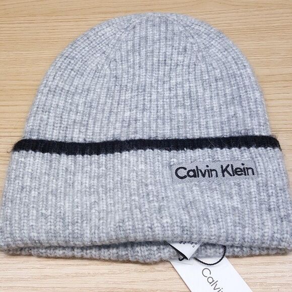 CALVIN KLEIN Mens Beanie Hat Gray Tipped Stripe Fold Over Cuff Alpaca Knit - Picture 2 of 5